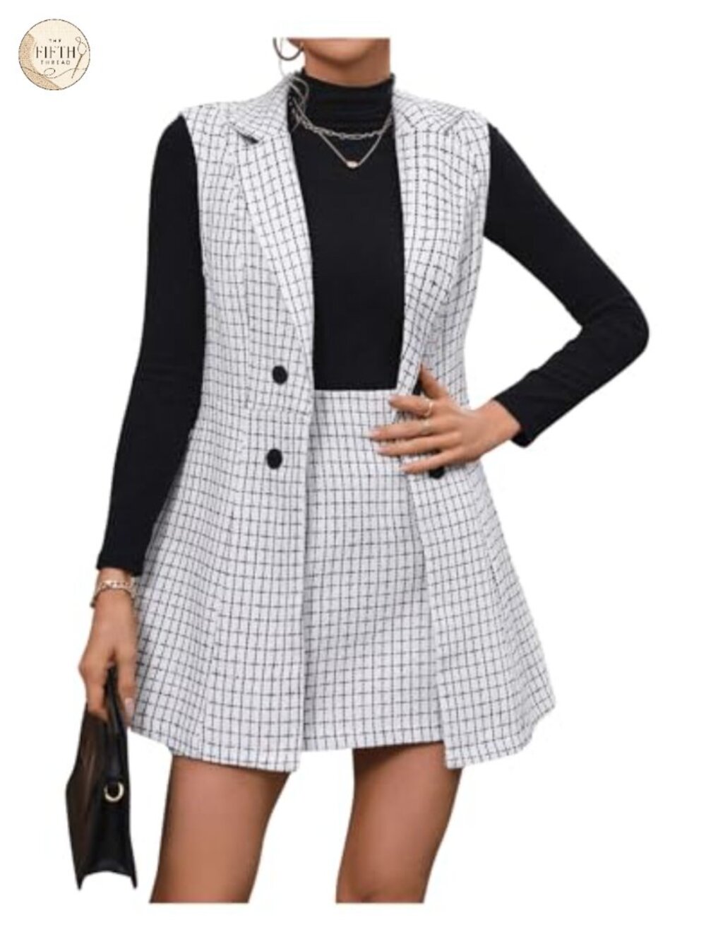 Women's 2 Piece Plaid Print Vest Blazer and Skirt Suit Set
